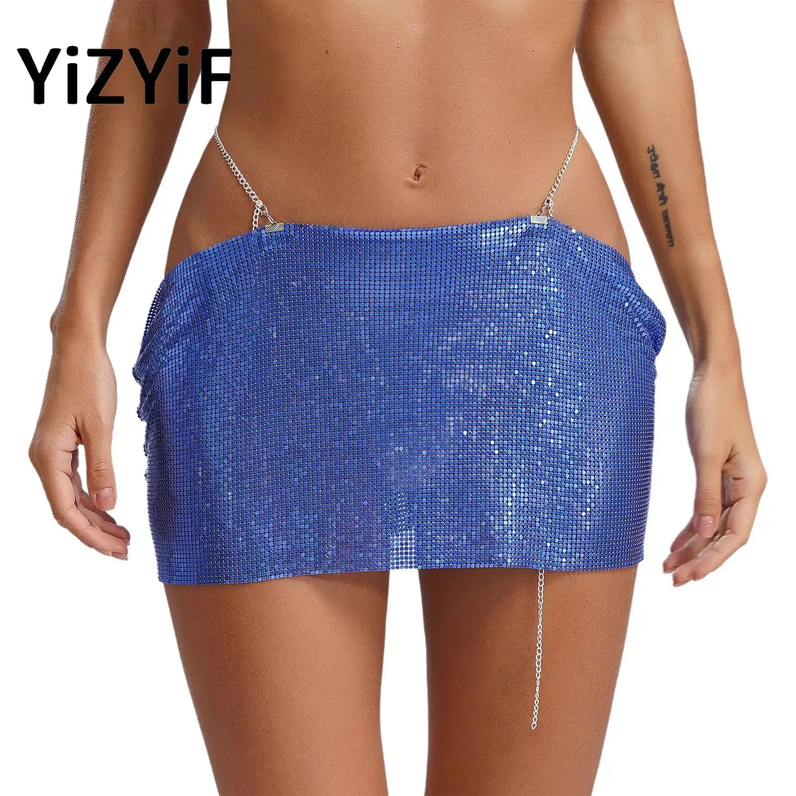 Women Sequins Mini Skirt Sparkly Skirt Low Waist Metal Chains Waistband Glitter Skirt Sexy Night Out Party Skirts