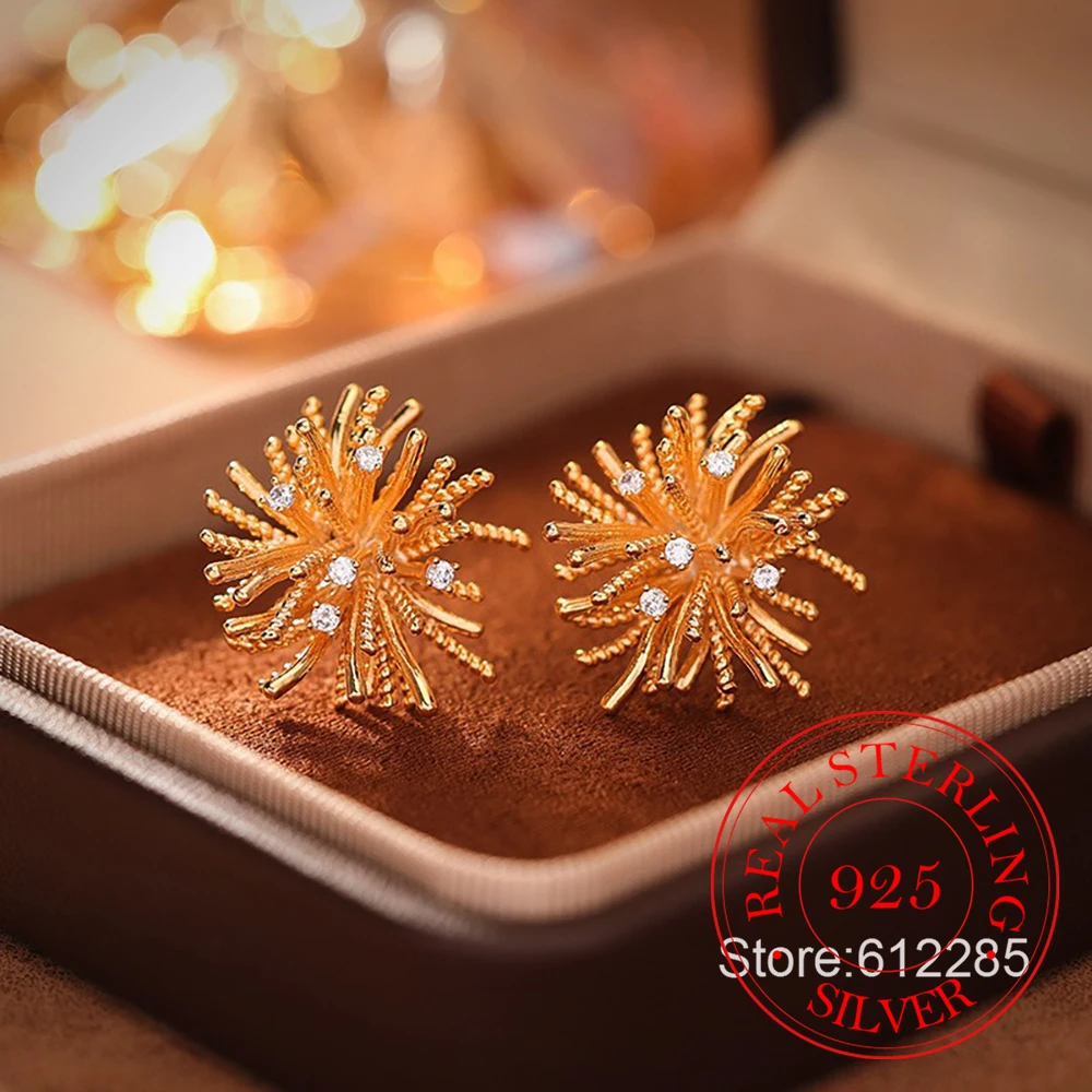 

925 Sterling Silver Jewelry Exaggerated Dandelion Firework Stud Earrings for Women Wedding Party Jewelry for Girls Friend Gift