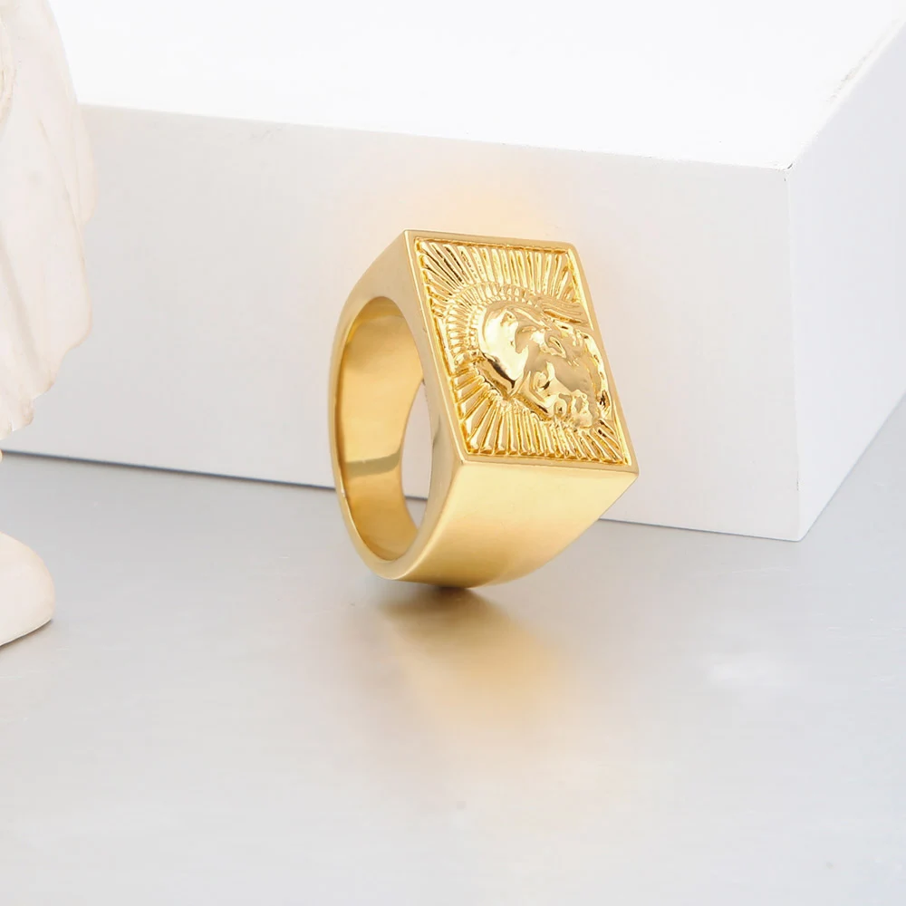 VAROLE Brass Square Soldier Head Signet Ring Men Women Vintage Sunburst Wide Band Finger Jewelry Daily Wear Gift