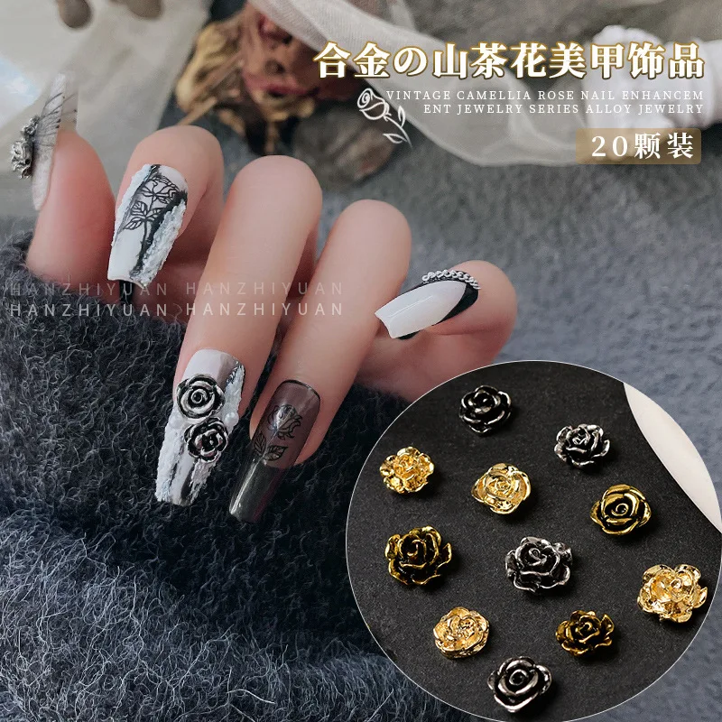 20 pçs/lote Prego Vento Escuro Retro Textura Metal Camélia 3D Rose Barroco Prata Liga Jóias Nail Acessórios