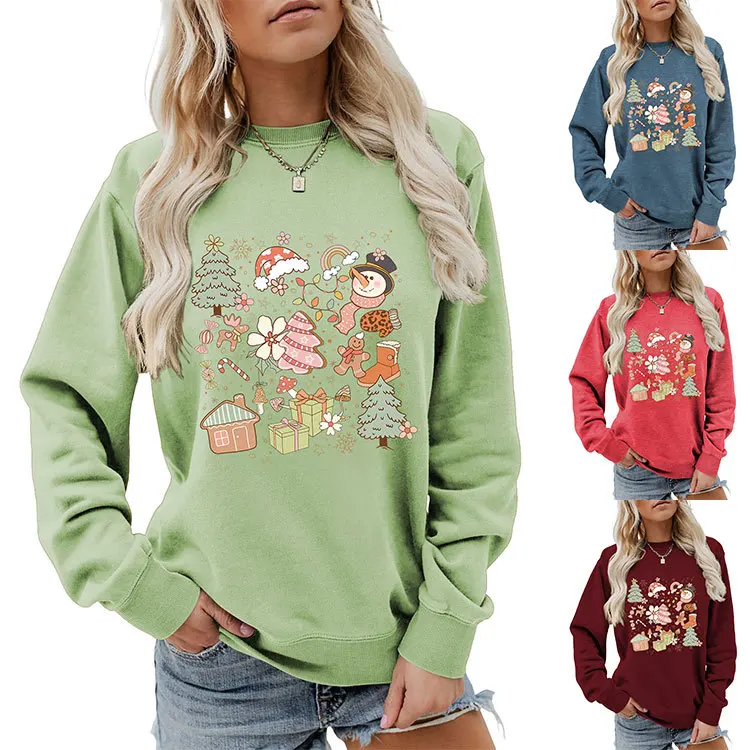 Autumn new Christmas tree deer snowman flower light bulb printed ladies hoodie casual crew-neck long-sleeved top with all fashio