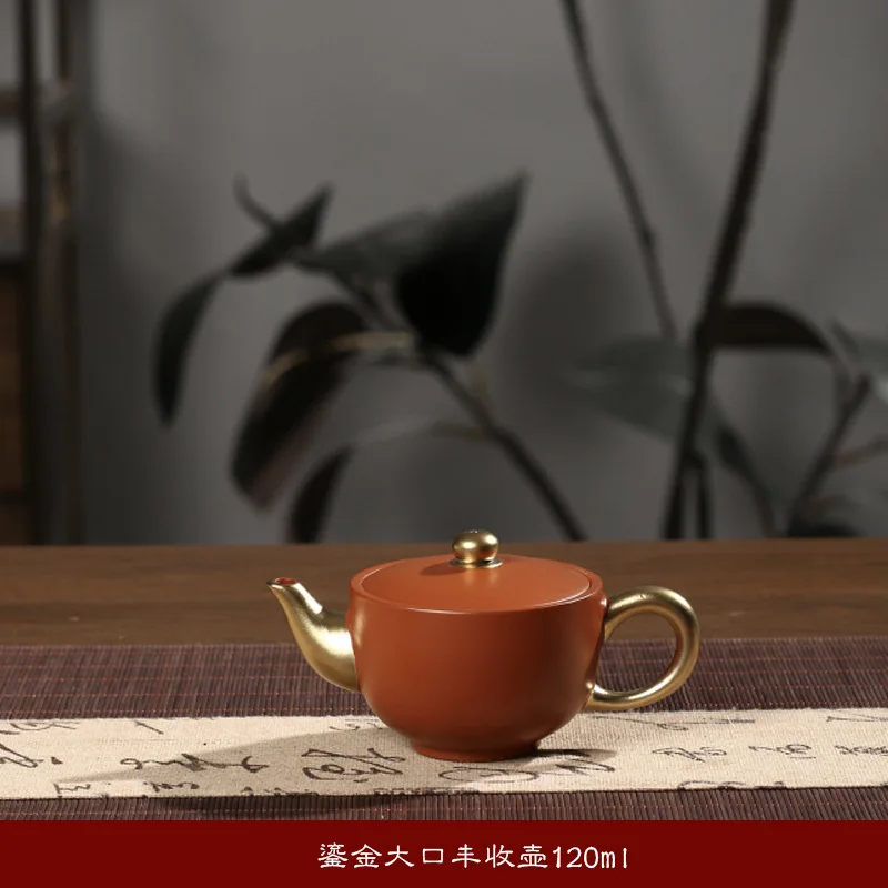 120ml Handmade Zisha Zhuni Gilded Fengshou Teapot, Wide Mouth Kungfu Tea Brewing Pot for Home Gongfu Tea Making