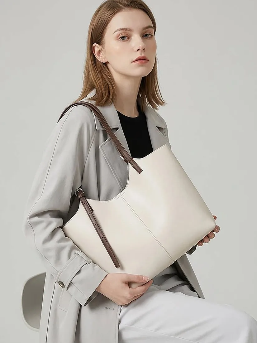 

Fashion Simple Women Genuine Leather Tote Bag Luxury Large Capacity Commute Handbag Multi