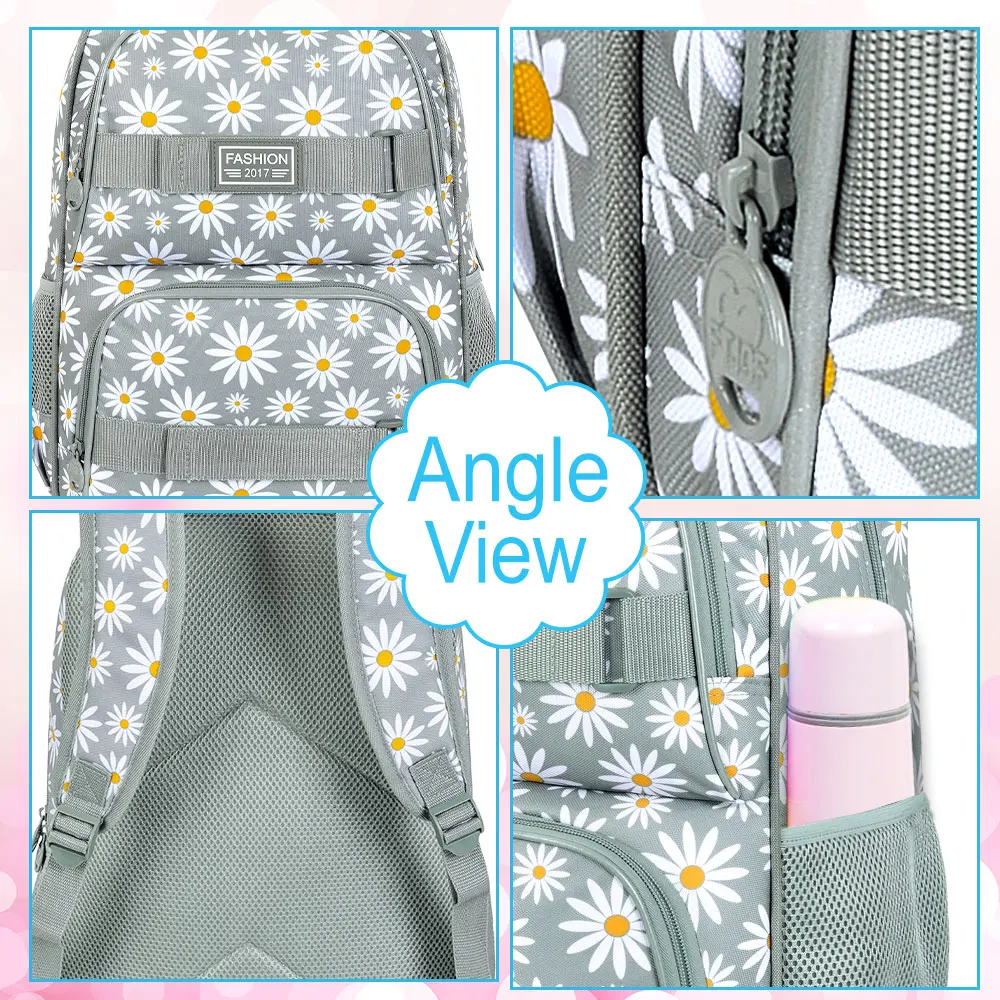 Zaino per ragazze Daisy da 3 pezzi, zaino per scuola per laptop da 17 pollici Zaini per bambini resistenti all'acqua per college per adolescenti con set di scatole per il pranzo - Grigio