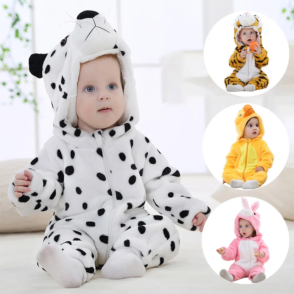 Baby Animal Cosplay Costume Dalmatian Tiger Duck Bunny Onesie Soft Flannel Hooded Romper for Halloween Christmas Birthday