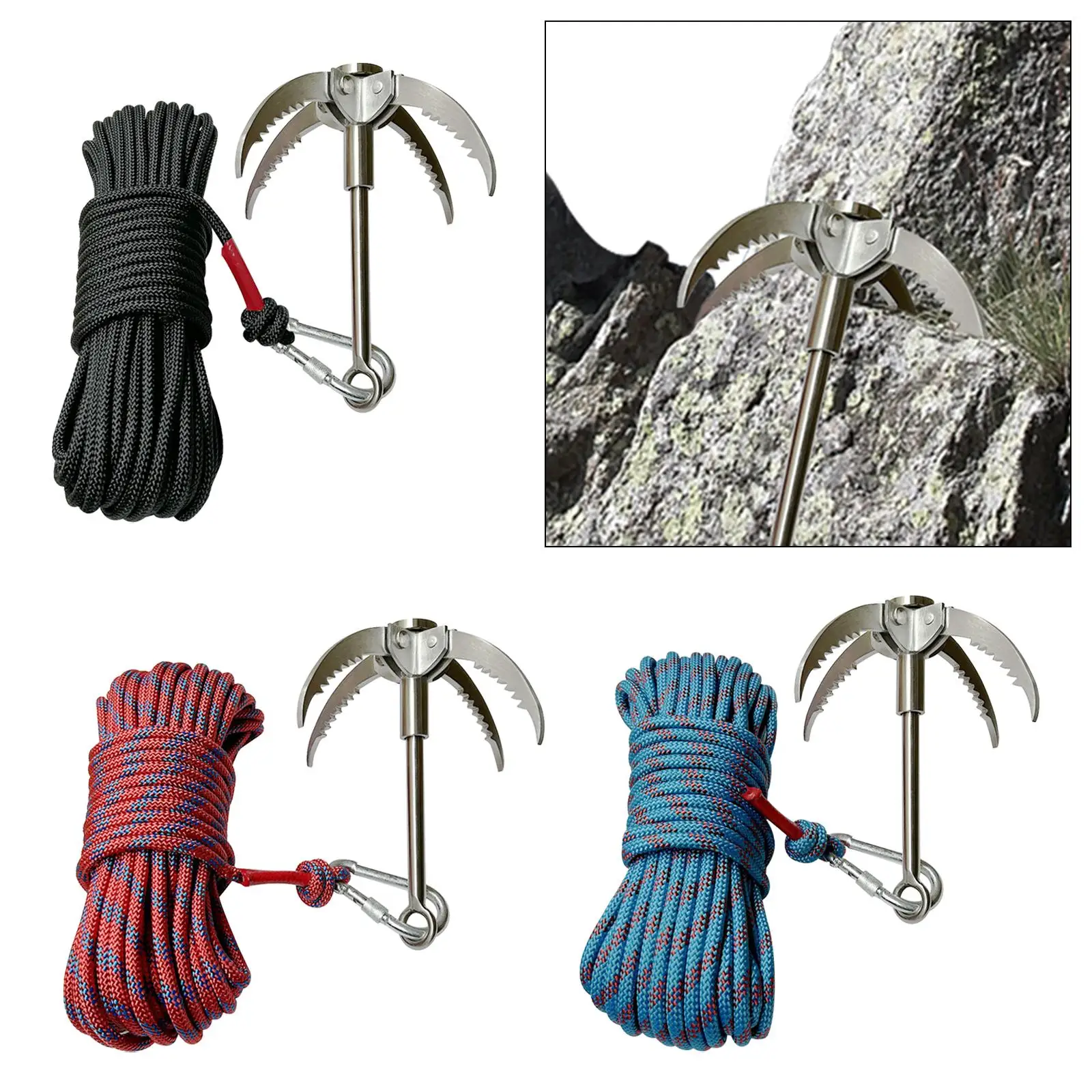 Grappling Hook with 65.6ft Rope Carabiner 4 Folded Claws Hook for Hiking Camping Survival Tree Limb Removal Outdoor Activity