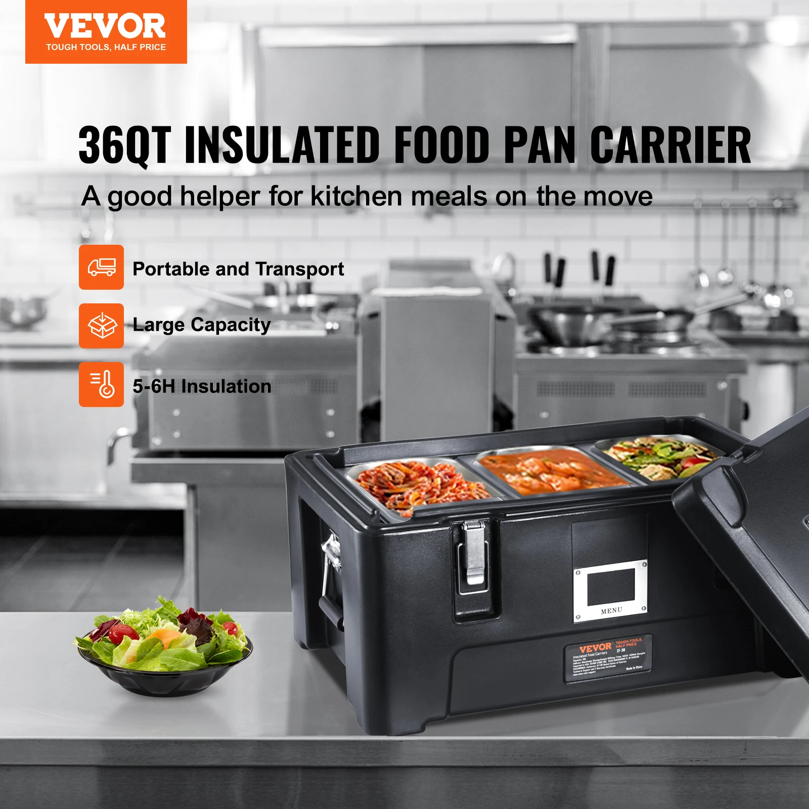 VEVOR 36Qt Capacity, Stackable Catering Hot Box with 3 Stainless Steel Pans, Top Load LLDPE Food Warmer , for Restaurant Canteen