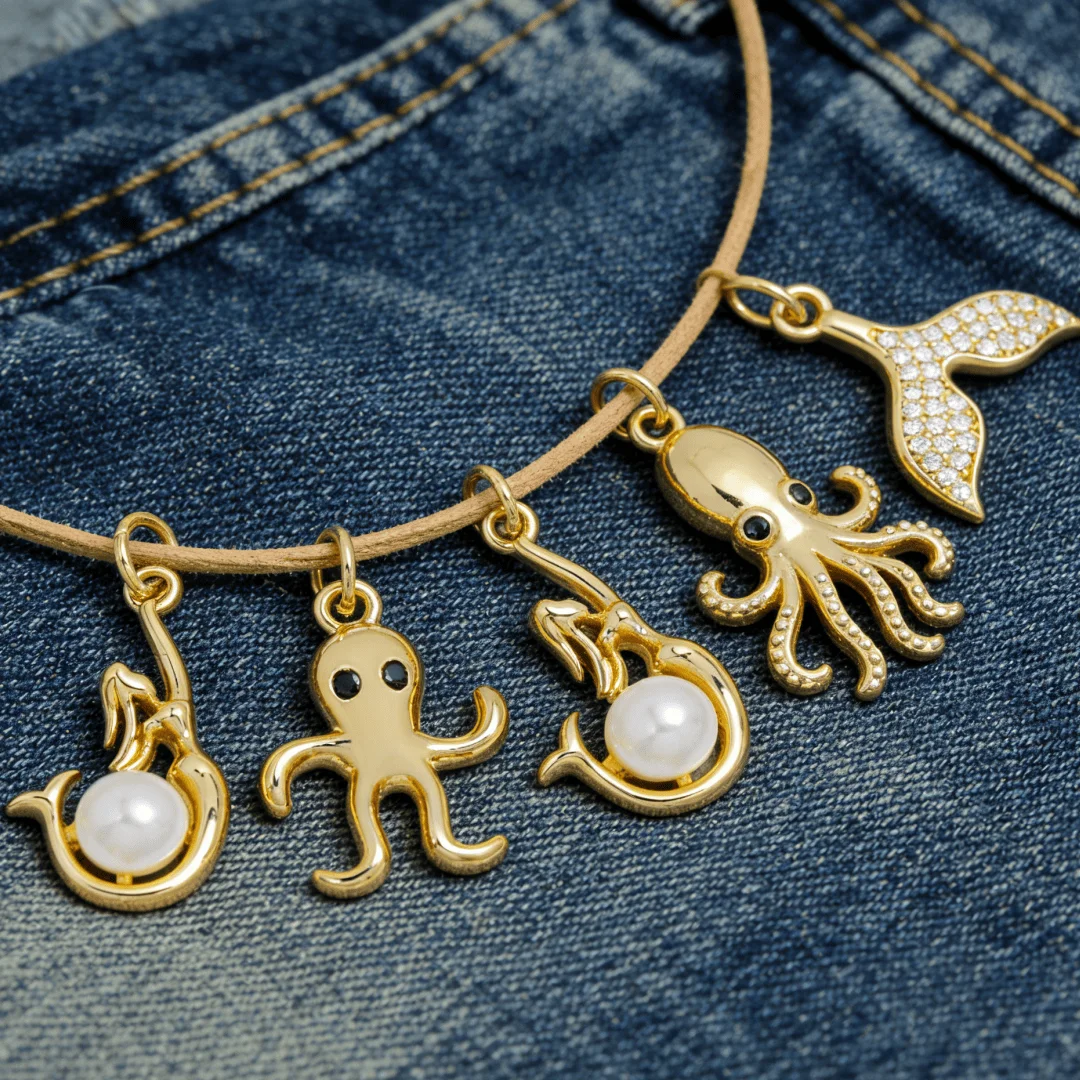 

4Pcs Pendants Brass Cubic Zircon Pearl Cute Ocean Theme Octopus Mermaid Tail Charms DIY Jewelry for Necklace Bracelet Women Men