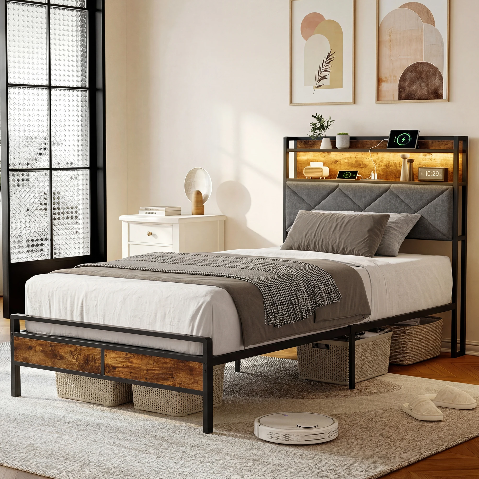 Fangange Metalen bed Jeugdbedden Enkelbed 90 x 200 cm met metalen lattenbodem, bedframe voor volwassenen, industrieel bed