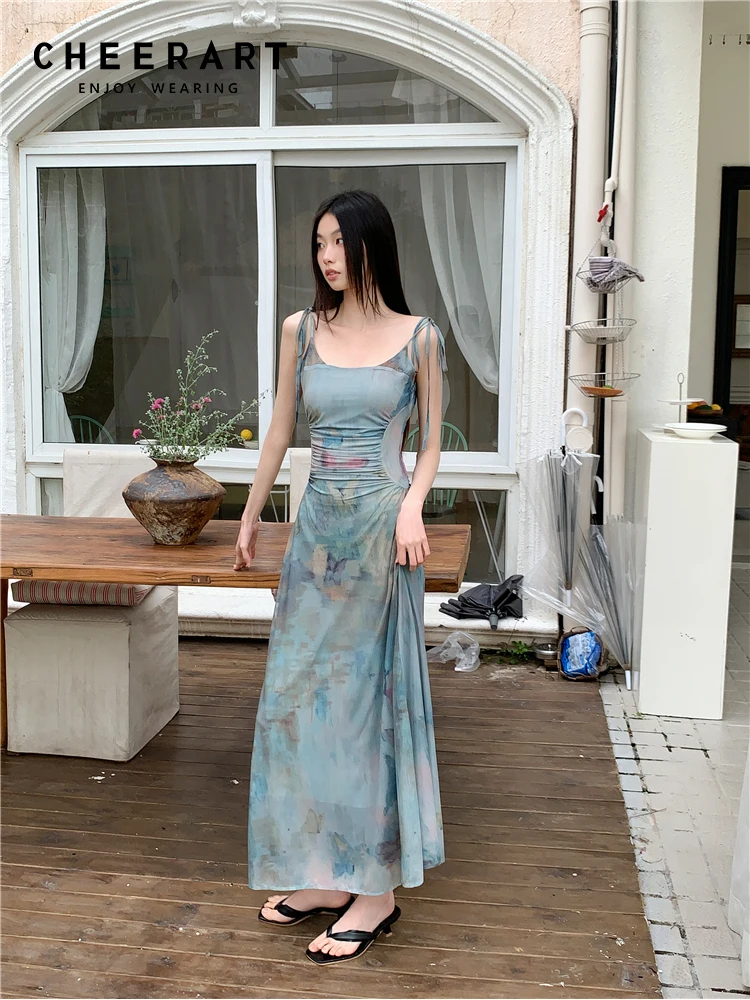 CHEERART Oil Painting Butterfly Backless Mesh Long Slip Dress 2024 Women Sleeveless Tunic A Line Designer Midi Dress Summer