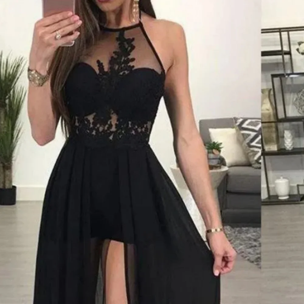 Sexy Halter Neck manga comprida vestido de noite transparente, Chiffon Prom Dress, Party Wear, Fenda frontal, Ocasião especial, 2022