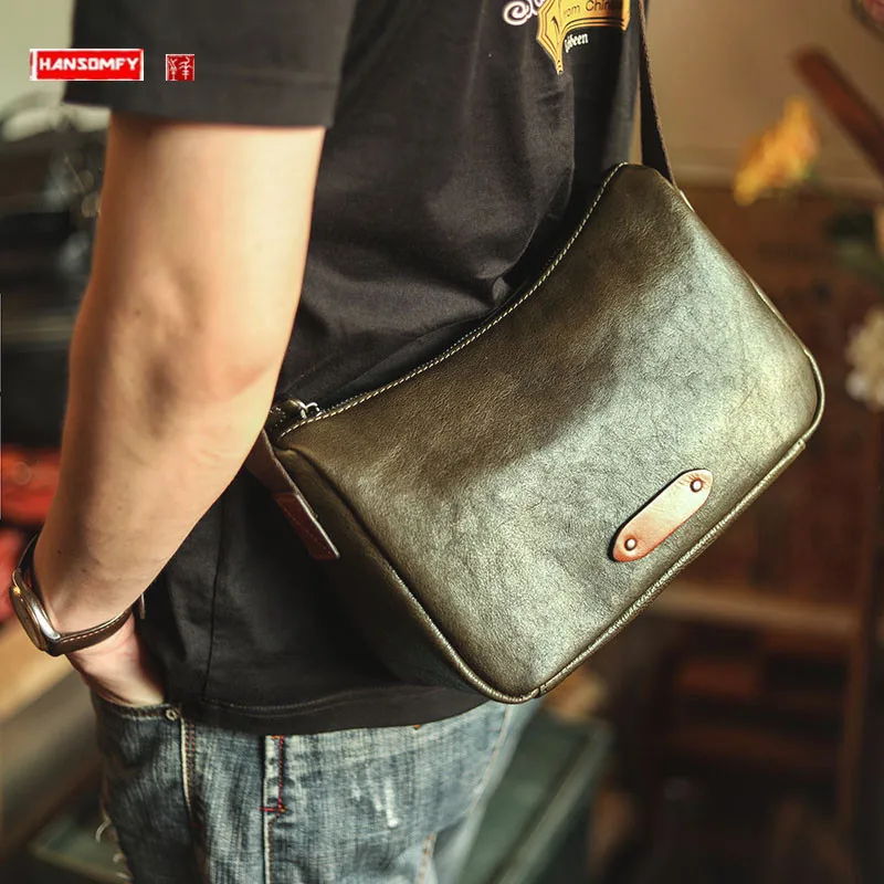 Youth Fashiona Genuine Leather Men 'S Bags Shoulder Bag Top Layer Leather Horizontal Zipper Casual Cowhide Crossbody Bag