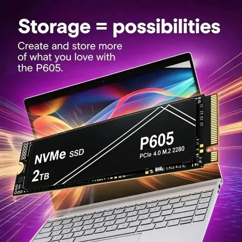 New P605 1TB 2TB 4TB PCIe NVMe Gen SSD with 7100MB/s Read, Solid State Drive for Gaming Desktops, Laptops and PS5 Systems.