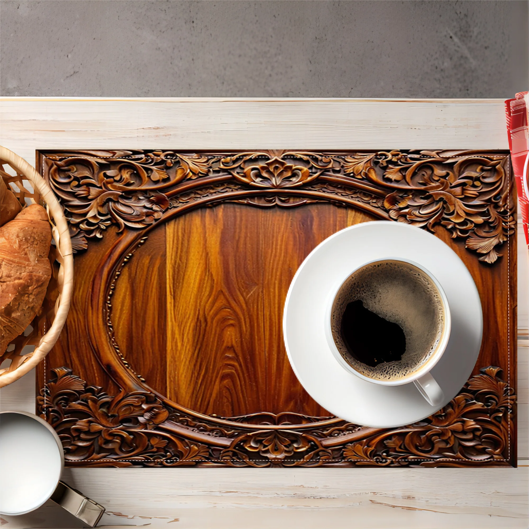 VIKAMA Carved Wood Grain Placemat Vintage European Style Heat Resistant Dining Table Mat for Home Decor