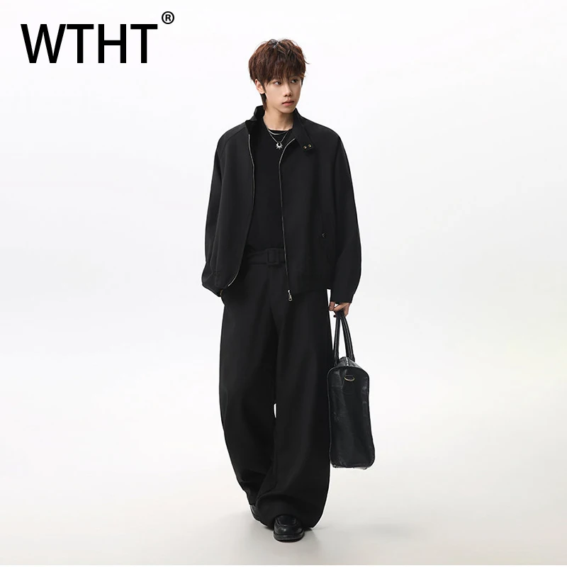 

WTHT Trendy 2026 Spring Men's Suit Stand Collar Zipper Loose Coats Colid Color High-waisted Straight Pants Male 2A2725
