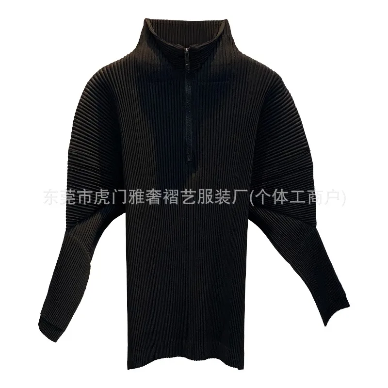Miyake Pieghe 2025 Giappone e Corea del Sud Casual Colletto Polo Top Autunno Nuovo Colore Solido Zip a maniche lunghe Peplo Maglione Pieghe