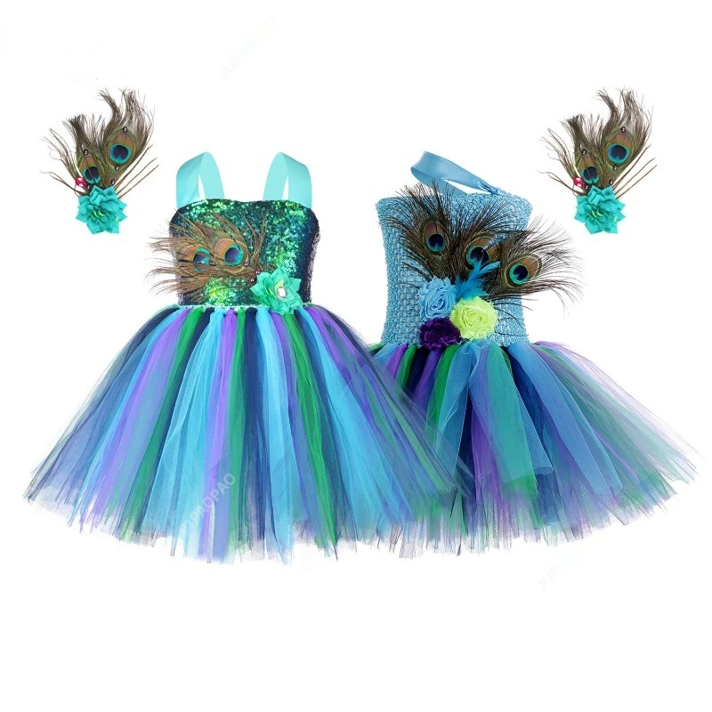 Flower Feathers Girls Peacock Tutu Dress Kids Tulle Princess Peacock Costume for Girls Pageant Halloween Birthday Party Gown BC