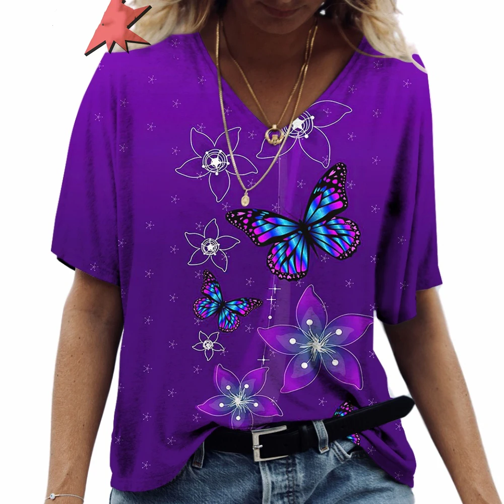 

Butterfly 3D Print T-Shirts Womens T Shirt Summer V-neck Tees Tops Casual Female Streetwear Oversized Harajuku Y2k Clothing