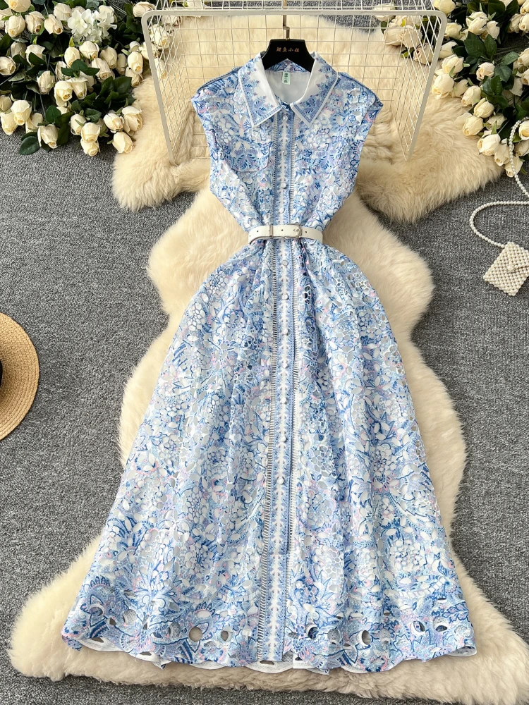 

French Women's Print Crochet Flower Elegant Sleeveless Hollow Out Long Dress Summer Sexy Slim Single Breasted Party Dress 2025