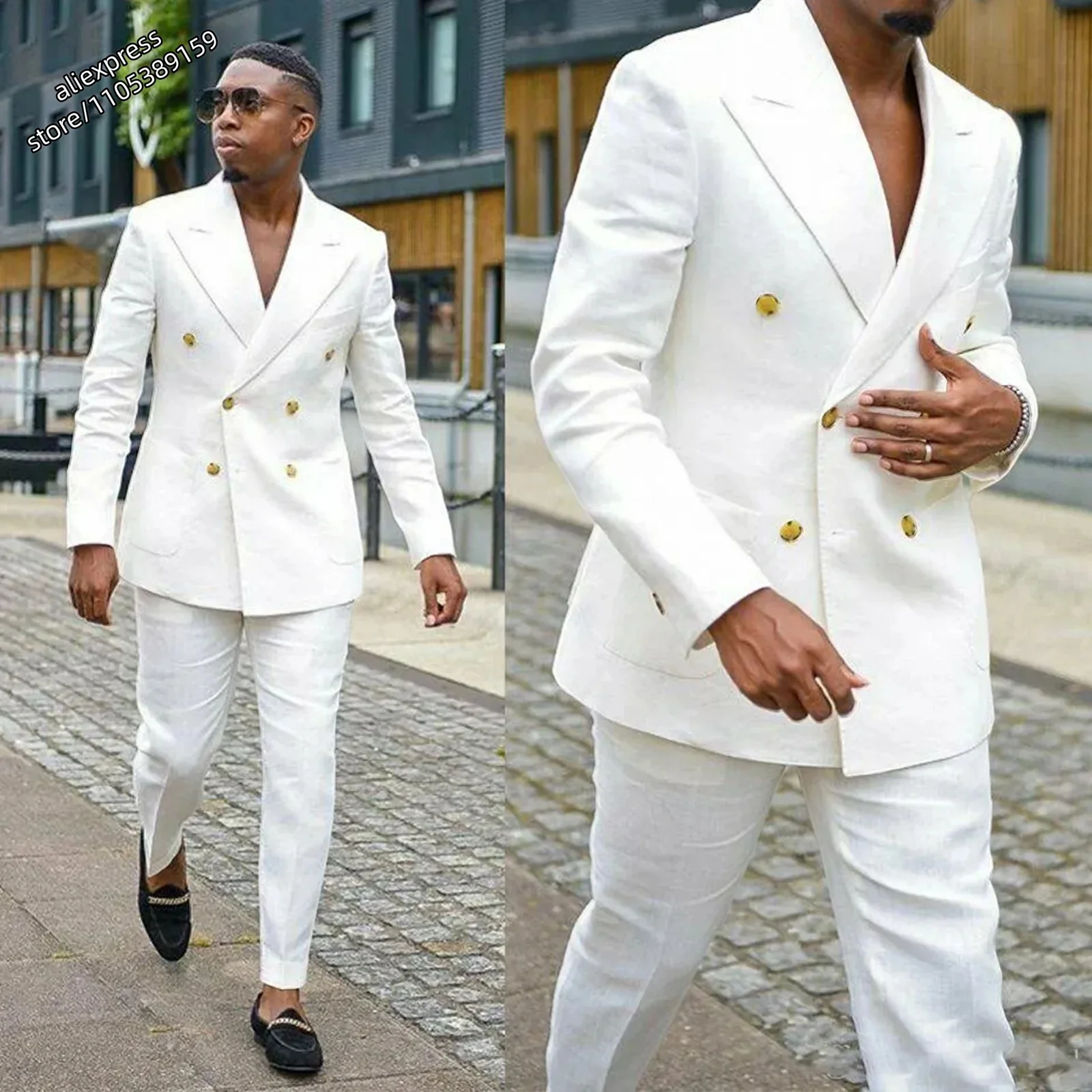 

Beach Summer Linen Suit for Men Double Breasted Peaked Lapel Slim Fit Blazers Masculino with Pants Casual Trajes Para Hombre