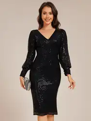 Exquisite Evening Dresses V-neck Buttock Lantern Sleeve Midi Length 2024 Ever Pretty of Sequin Black Wedding Guest Dresses