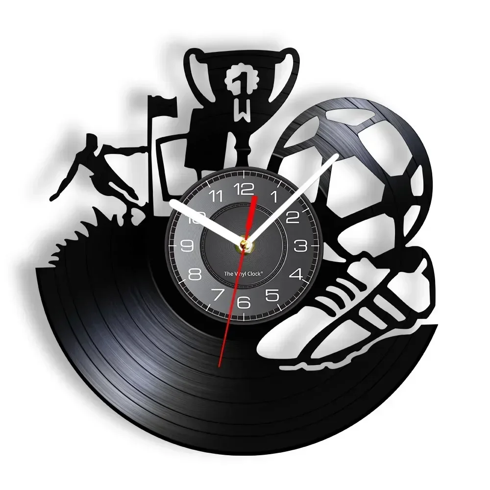 Football Trophy Wall Vinyl Record Clock Soccer Team Champions Sports Fan Gift Vinyl Record Wall Art Soccer Shoes Wall Decor