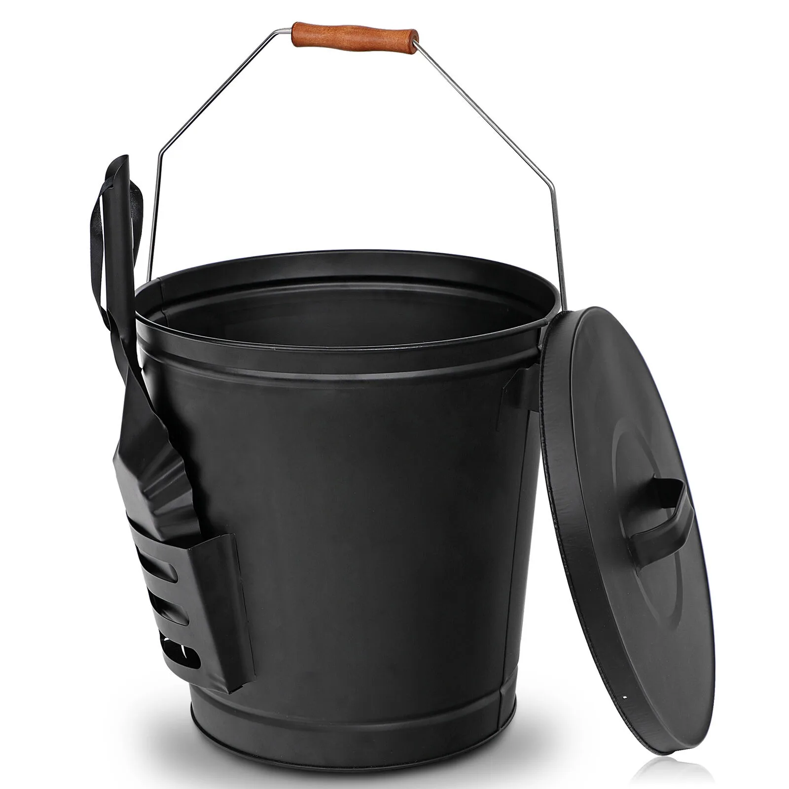 

US 5 Gal Ash Bucket Fireplace Black Metal w/Shovel Lid Cover Stove Sturdy Fire Pits