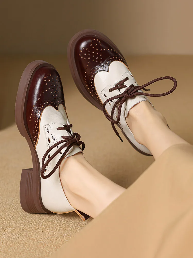 Vintage Contrast Color Genuine Leather Brogue Shoes Wingtip Perforated Design Lace Up Low Block Heel Ladies Oxfords