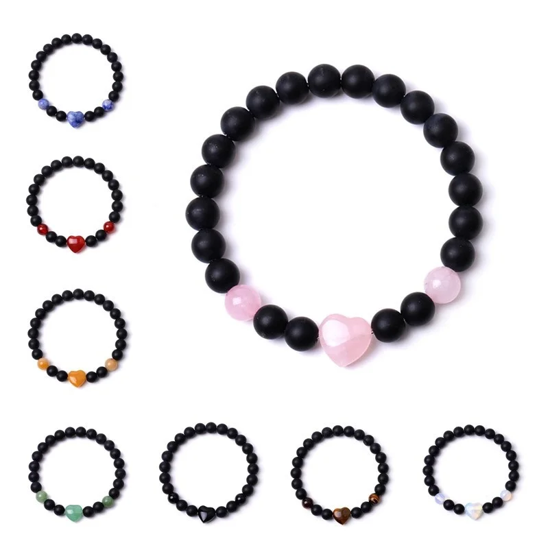 

10pcs 8mm Black Stone Colorful Heart Shape Bracelet Tiger Eye Rose Quartz Bangle for Women Yoga Jewelry