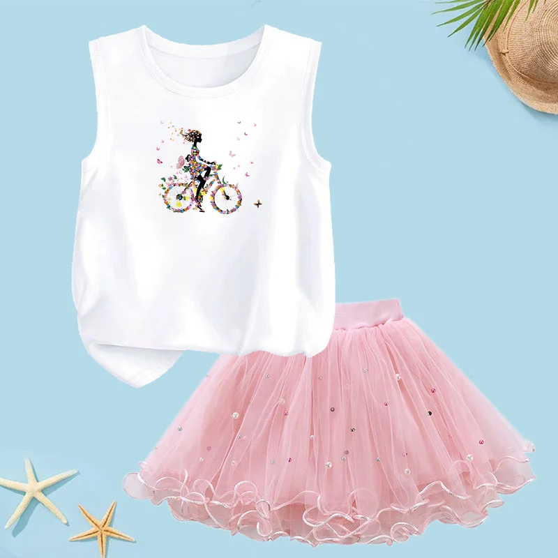 Summer Butterfly Bike Vest Sets for Girls Sleeveless T-Shirt Princess Tutu Skirt Casual Breathable Clothing Outfit