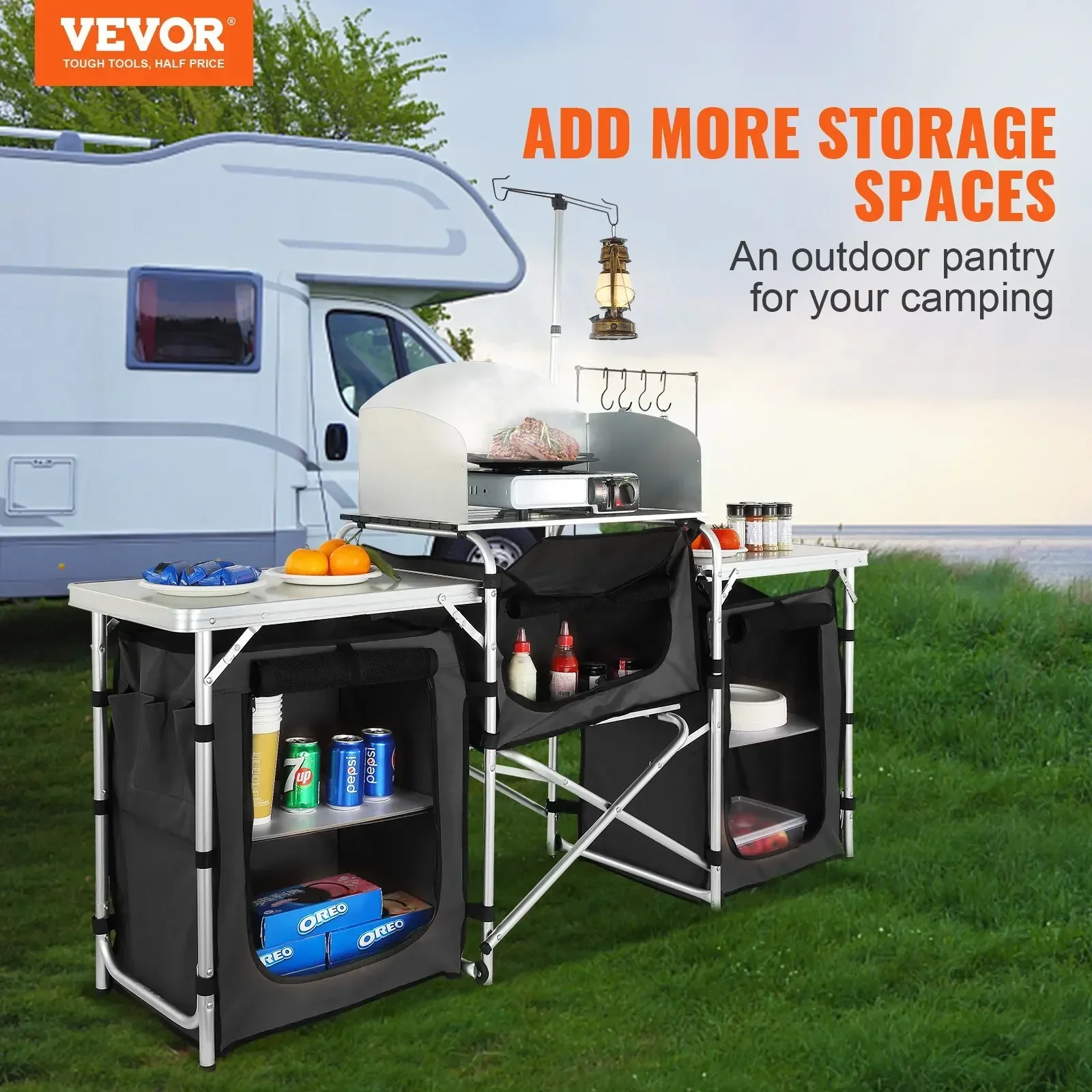 VEVOR camping kitchen dining table, foldable outdoor cooking table with storage bag, aluminum cooking table with 3 cabinets