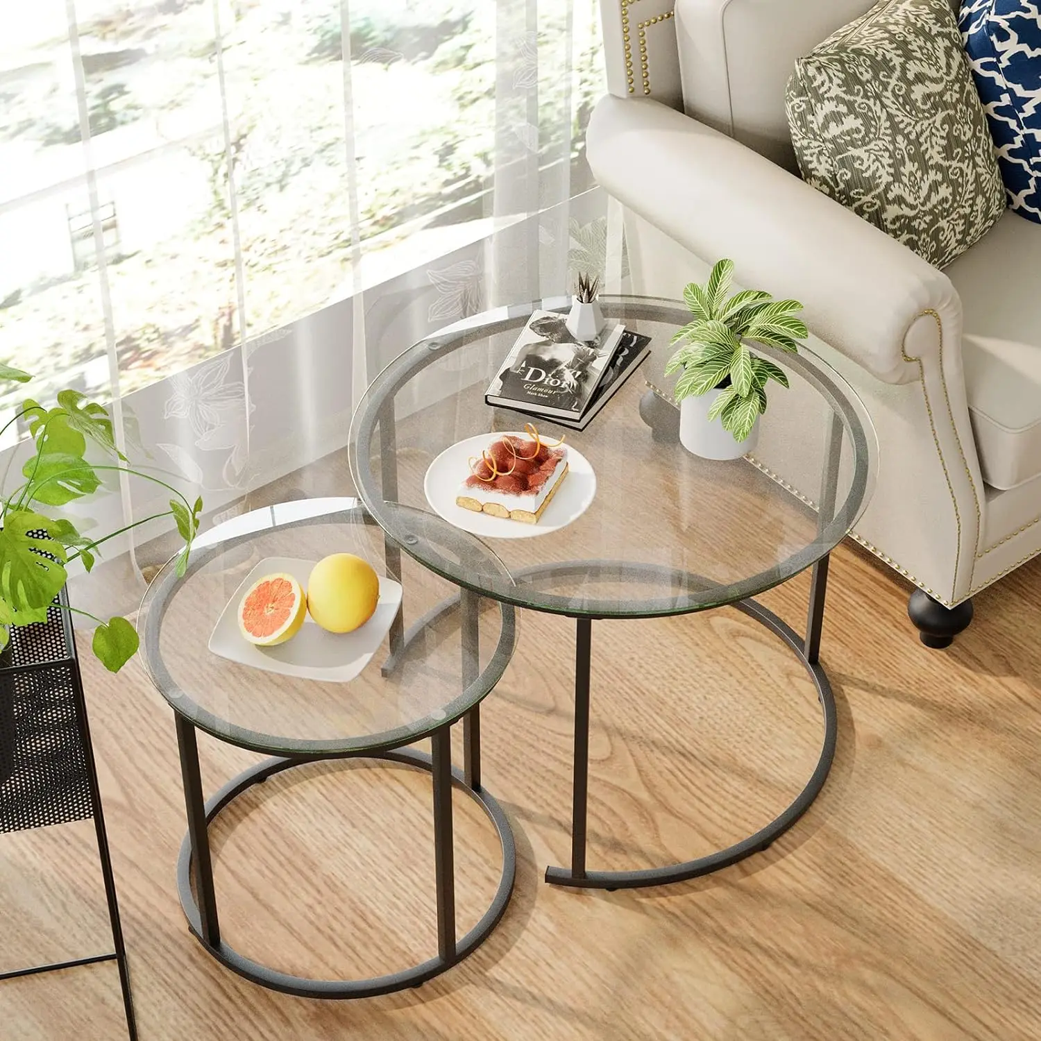 Nesting Coffee Table Set of 2,Modern Black Tempered Glass Side Table, Metal Frame Round End Table.Small Glass Tea Table