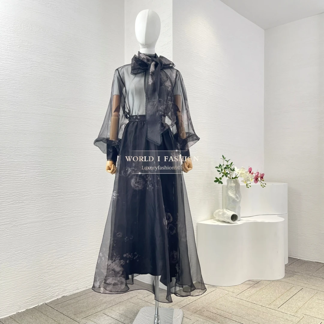 

Black Floral Print See Through Long Sleeve Blouse Tops and Midi Skirt Set 2025 Silk High Quality