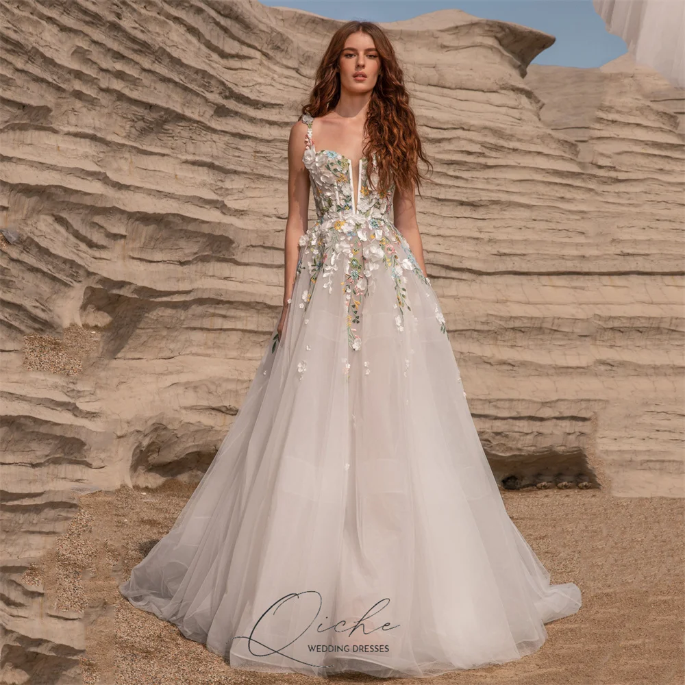 QICHE فستان زفاف ساحر من الدانتيل على شكل زهور 2026 على شكل حرف a على شكل حرف v أشرطة سباغيتي مفتوحة من الخلف مطوي من التل فيستدوس دي نوفيا مخصص