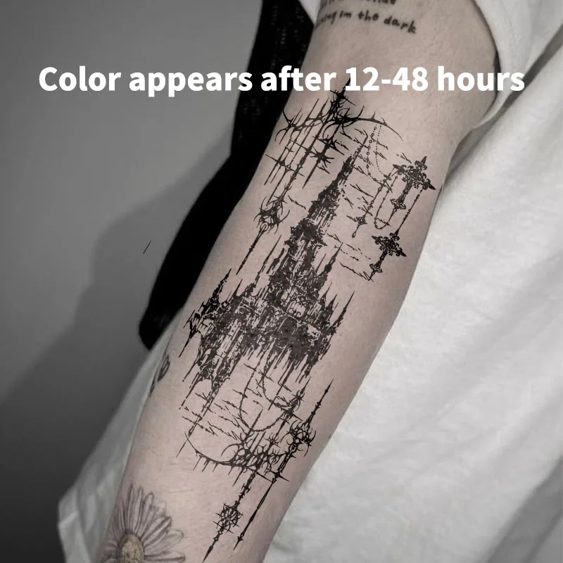 Gothic Castle Herbal Juice Temporary Tattoo Waterproof Tattoo Sticker Dark Thorn Chandelier Tattoo Black Body Art for Men Women
