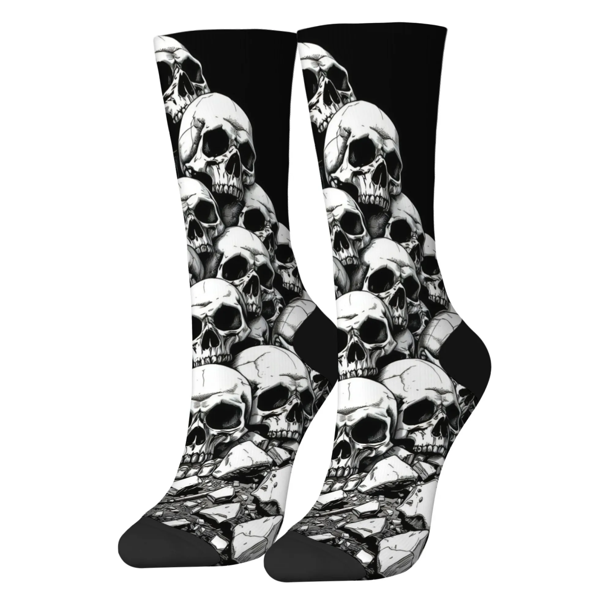 남성용 크루 양말 1켤레 블랙 & 화이트 해골 콜라주 아트 프린트 부드럽고 편안한 캐주얼 양말 일상 착용 및 팝 컬처 팬용