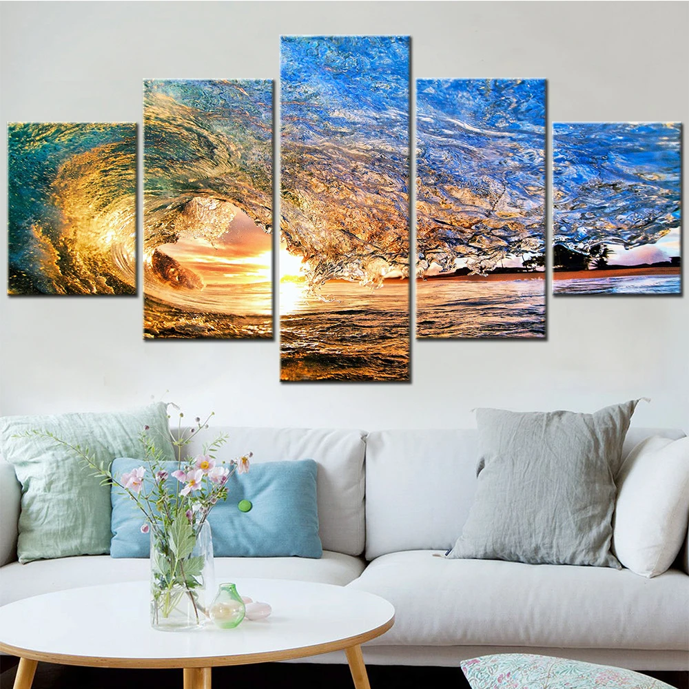 

5 Panel Canvas Painting Sea Sunset in Waves Modular Posters and Prints Canvas Wall Picture for Living Room Home Decor Artwork