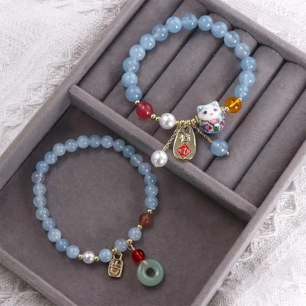 Fortune Cat Blue Maneki Neko Lucky Cat Pendant Crystal Female Hand Chain Stone Bracelets Korean Style Bracelets Bead Bracelets