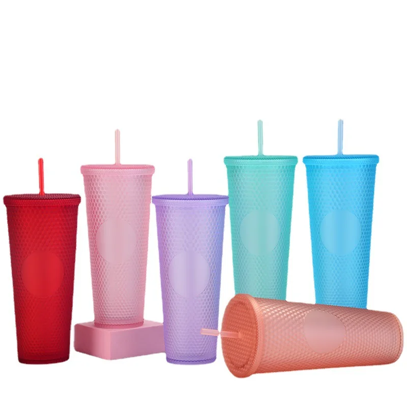 

Hot Selling 710ml Tumbler Water Cups With Straw Double Wall Plastic Durian Diamond Radiant Beer Mug Coffee Cup