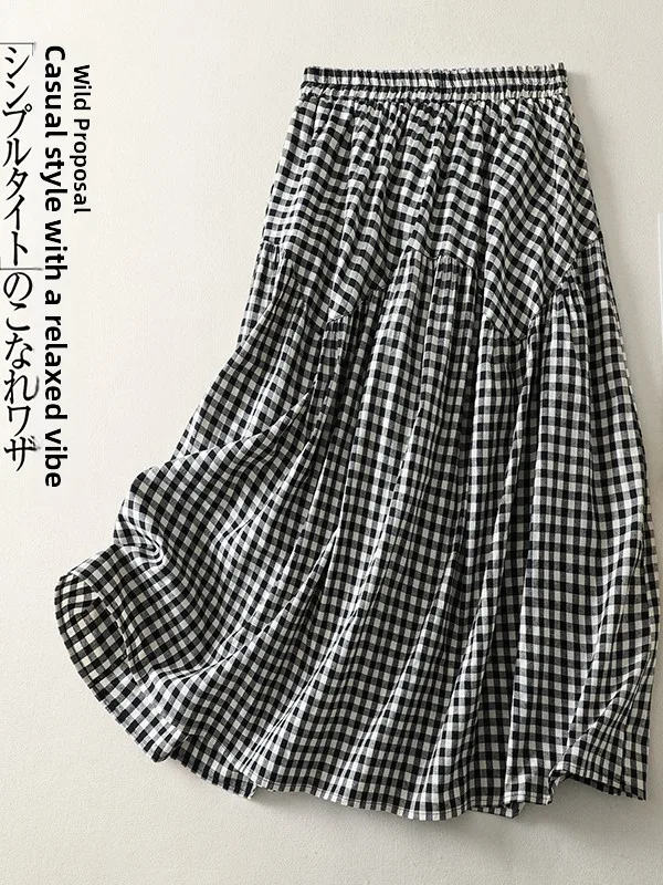 

Летняя юбка А-силуэта больших размеров 2026 года с оборками, свободного кроя, в стиле пэчворк, в клетку, с завышенной талией, длинная, для фигуры типа «груша»