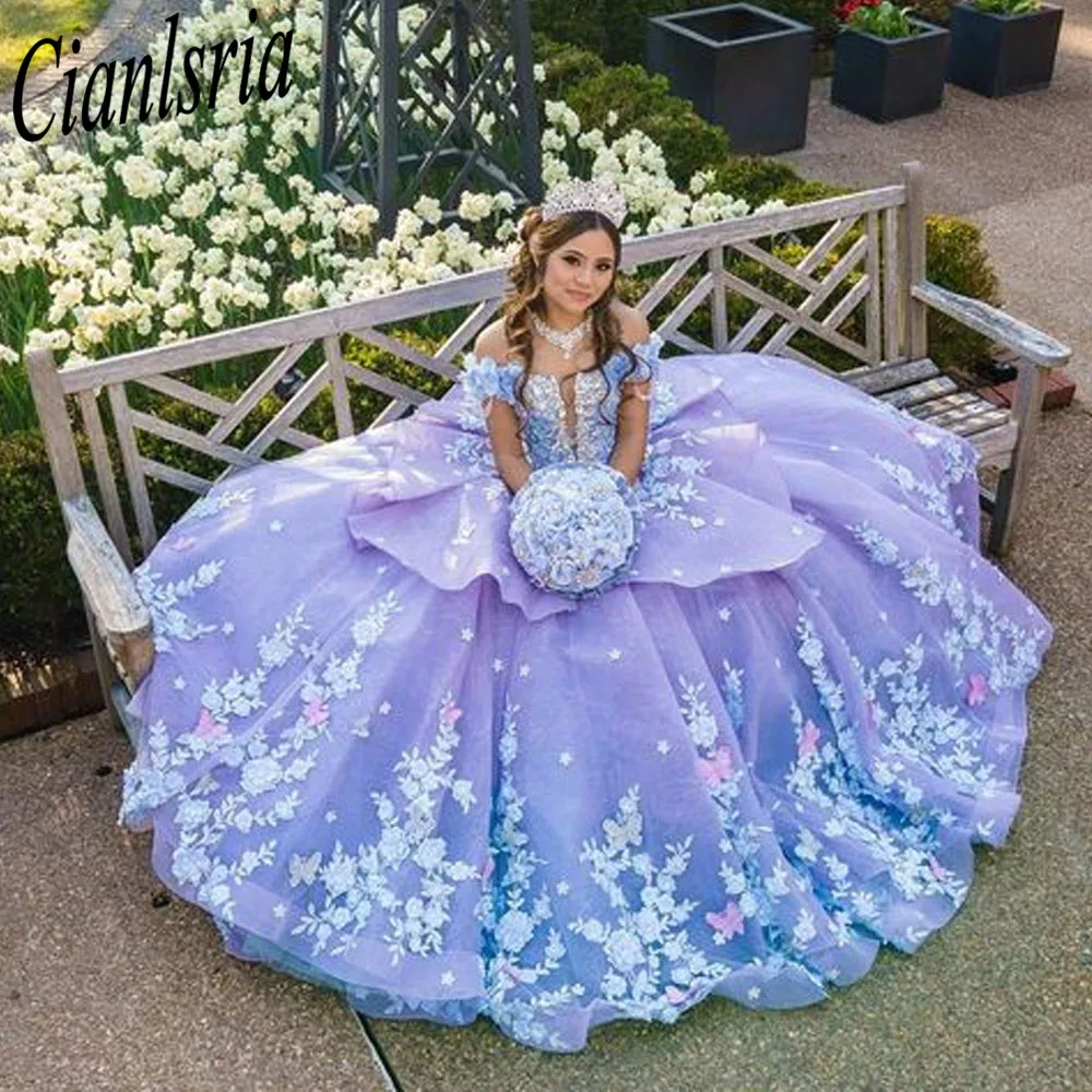 Vestido De quinceañera Lila dulce 16 con capa 2023, vestido De fiesta De princesa con apliques De hombros descubiertos, 15 Años