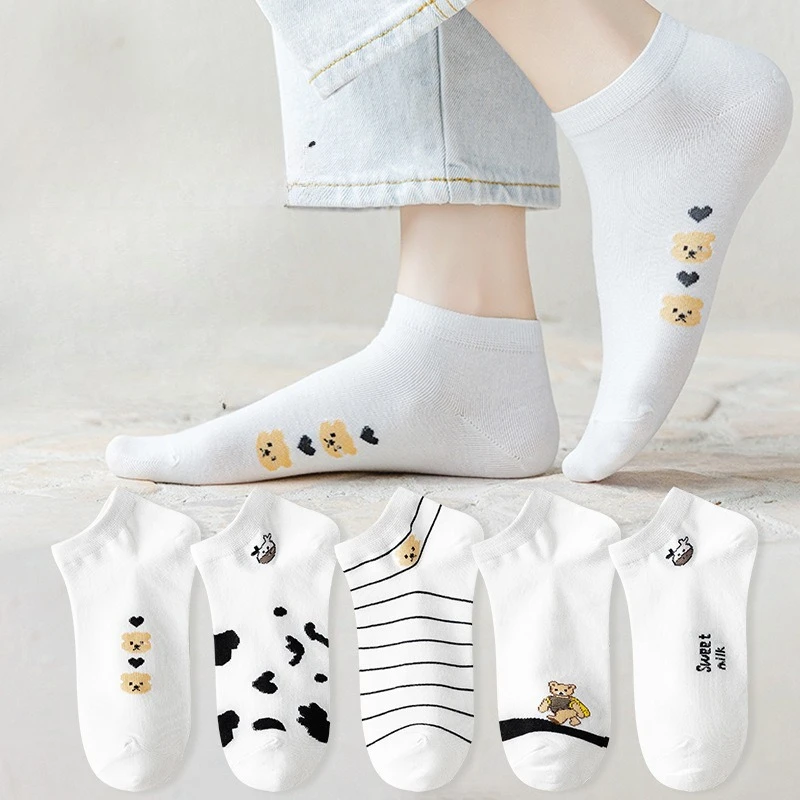

5 Pairs Women Animal Printed Cartoon Cute Short Socks Spring Summer Sweat Absorbing Breathable Comfortable Casual Socks