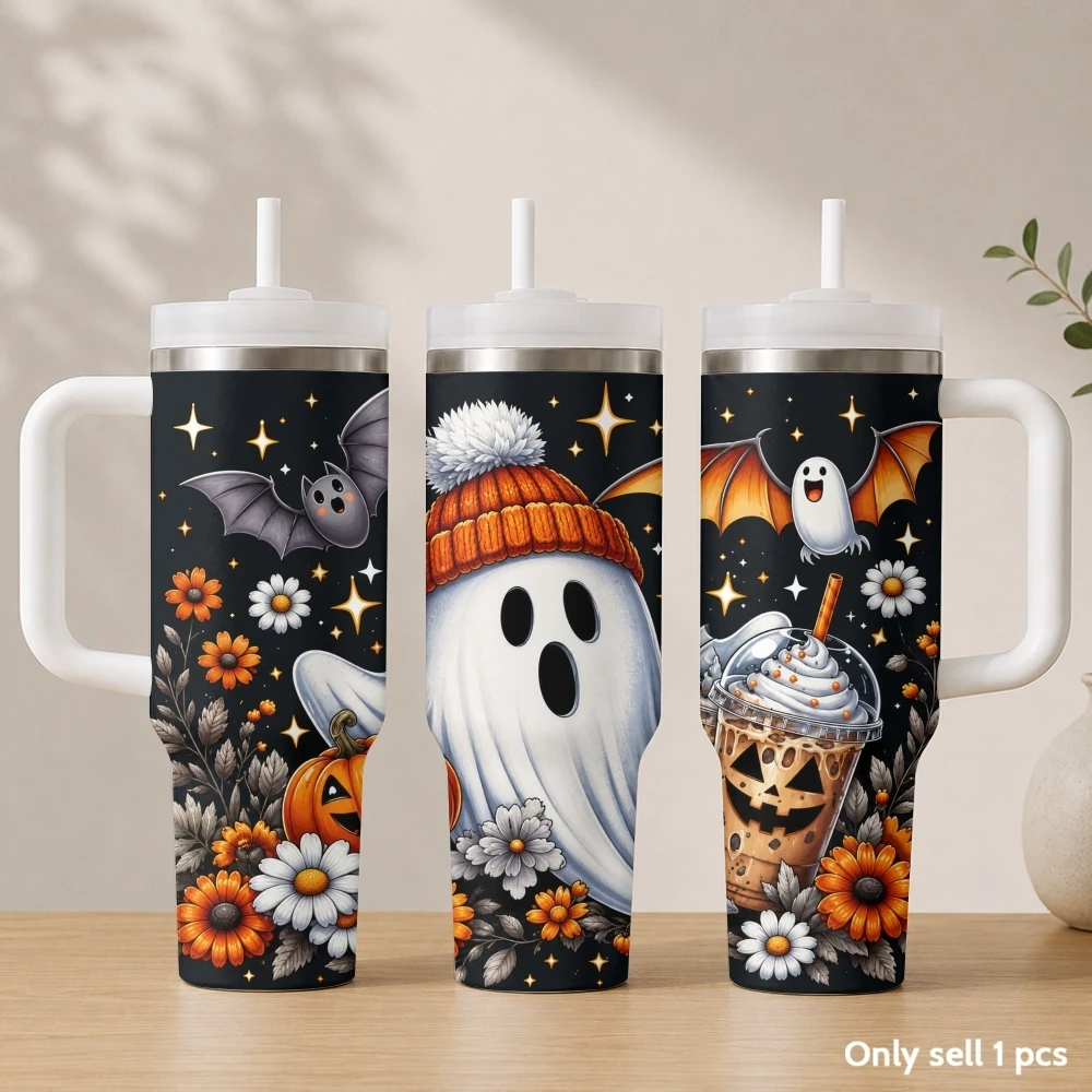 Halloween pumpkin ghost Vacuum Flasks 40oz Stainless Steel Insulated Tumbler with Handle & Straw Leakproof Travel Mug