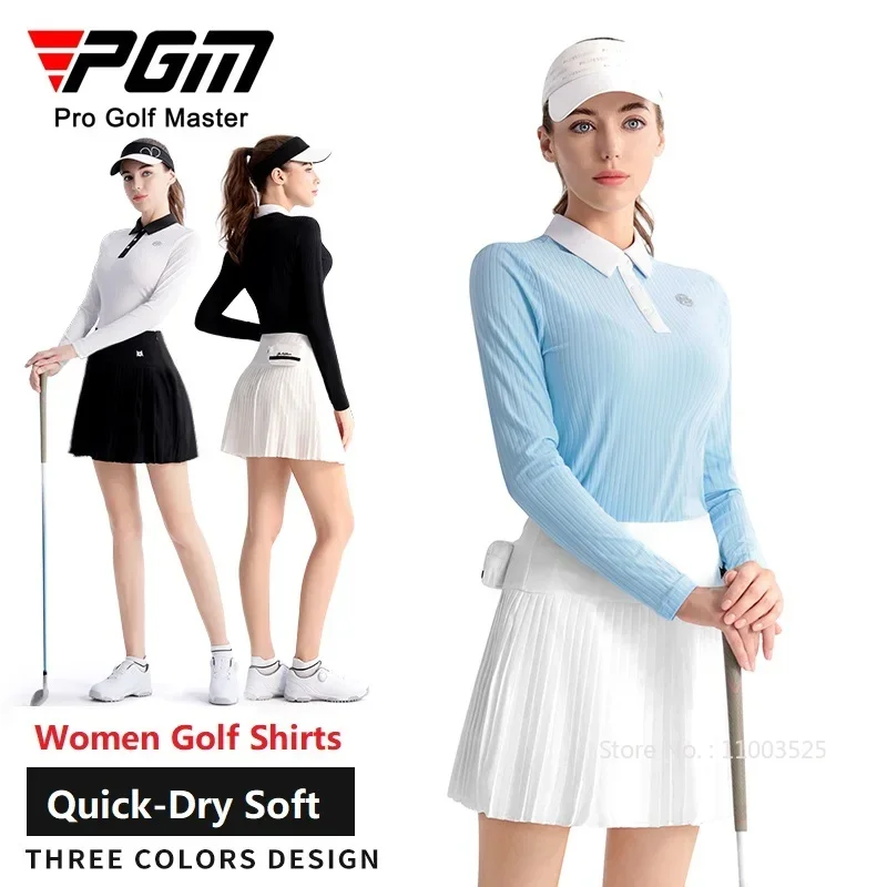 Pgm Spring Autumn Golf Women Clothing Long Sleeved Slim Shirts Polo Collar Comfortable Golf Tops Quick-Dry Leisure Sports Wear