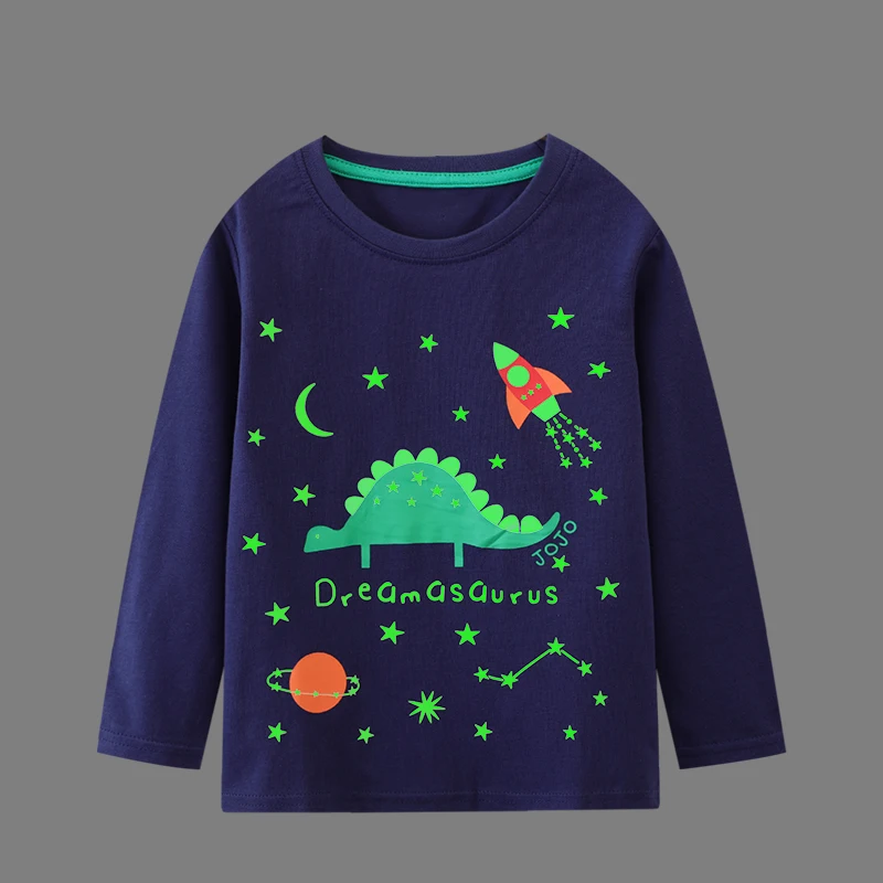 Little maven Autumn Luminous Cartoon Dinosaurs Long Sleeves T-shirts Cotton Tops Boys Kids Clothes Children\'s Clothing