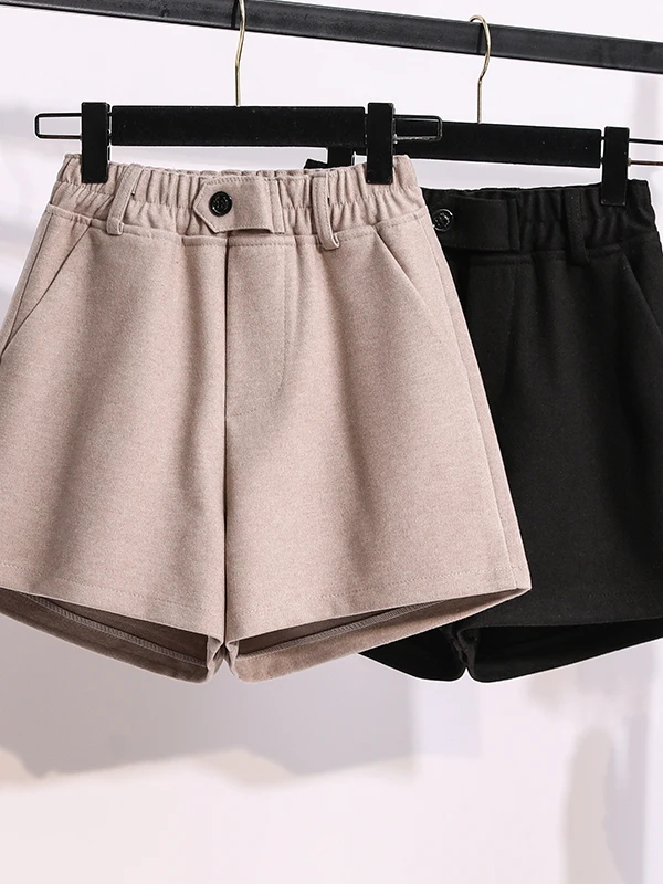 Autumn Winter Woolen Short Pants Women's High Waist Elastic Waist Slimming Base Layer Bootcut Pants Casual Style Pure Color