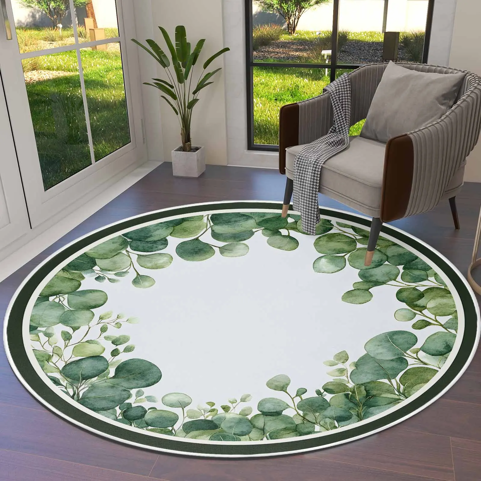 Round Fluffy Shaggy Area Rug with Tropical Eucalyptus Leaves Design – Soft Watercolor Green for Living Room, Bedroom & Kids