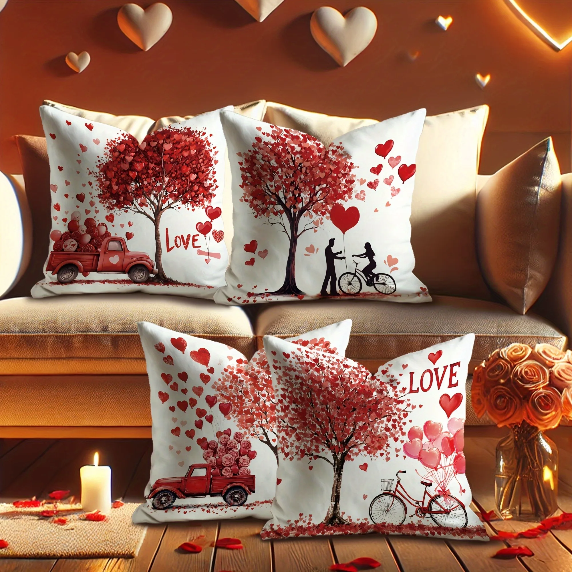 

Набор наволочек ко Дню святого Валентина из 4 предметов — романтический узор в виде сердца и розы, идеально подходит для декора гостиной и спальни