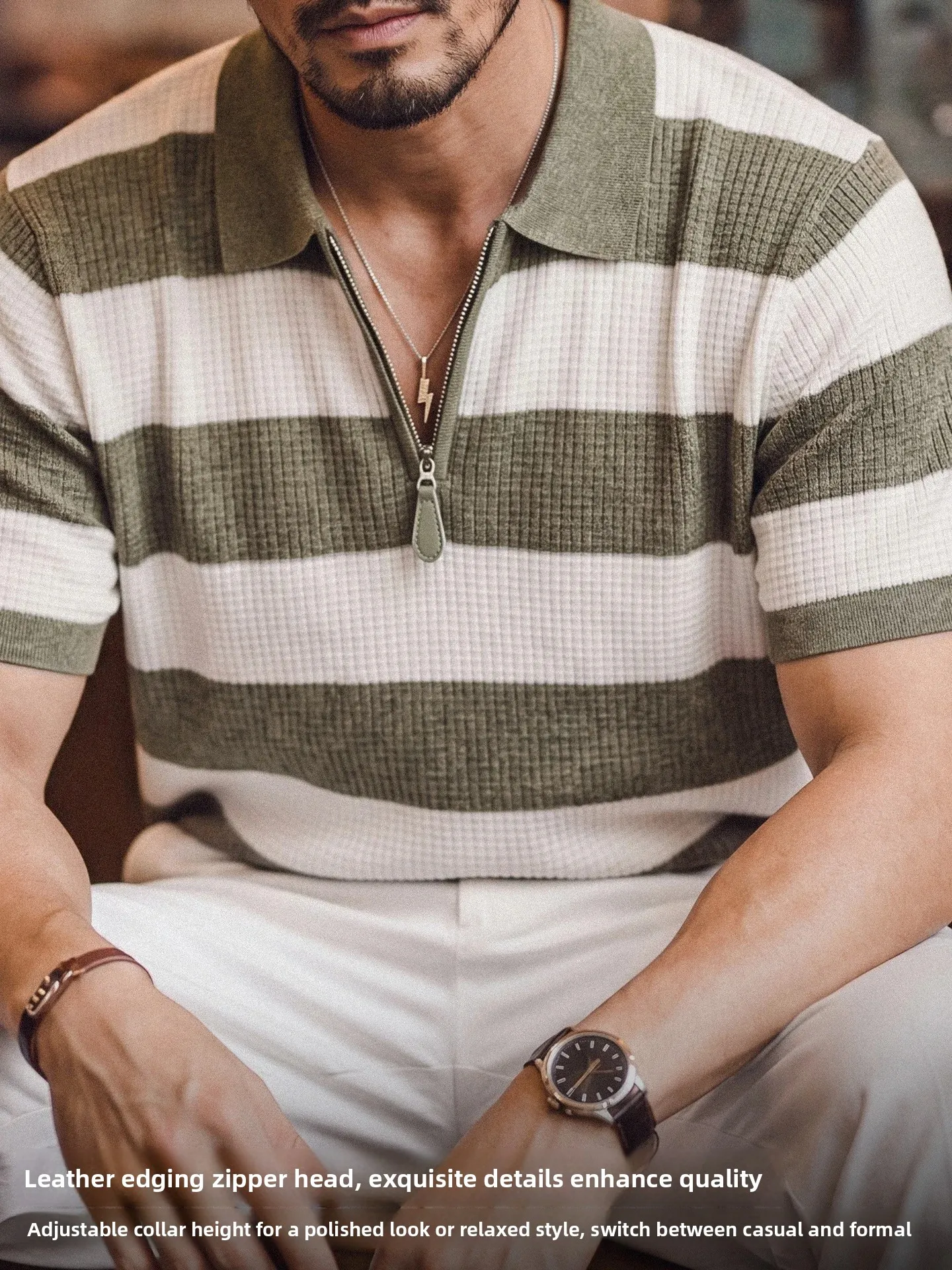 Men's Loose Fit Knitted  Shirt Summer Cool Breathable Casual Stripe Design Short Sleeve Commute Friendly Large Size
