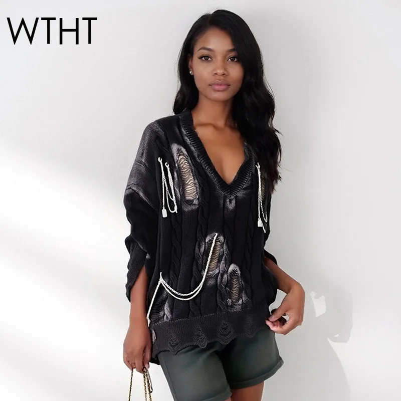 

WTHT Vintage Fashion Women's Wash Irregular Hole Spliced Chain Pullovers 2025 Autumn V-neck Long Sleeves Sweater Female 1LS2610